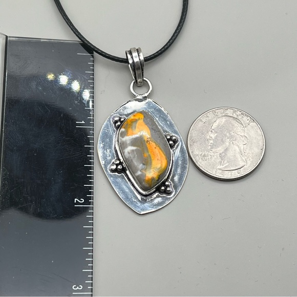 New Bumble Bee Jasper Stone Silver Overlay Pendant Necklace with Cord Bumblebee - Picture 4 of 7